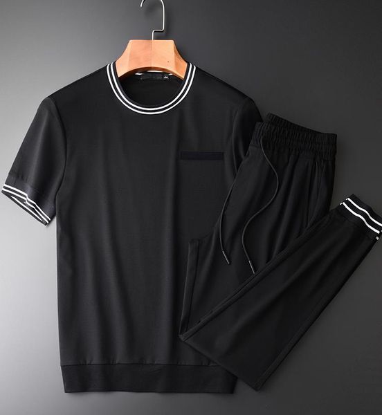 

summer men sets (t-shirts+pants) luxury contrast color rib short sleeve male sets soft comfortable mans with pants, Gray