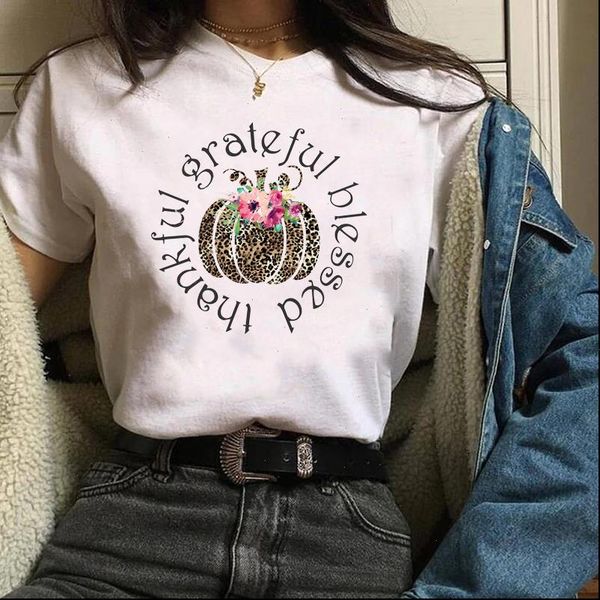

women print graphic pumpkin thankful floral 90s thanksgiving autumn halloween lady shirt womens tees female t shirt, White