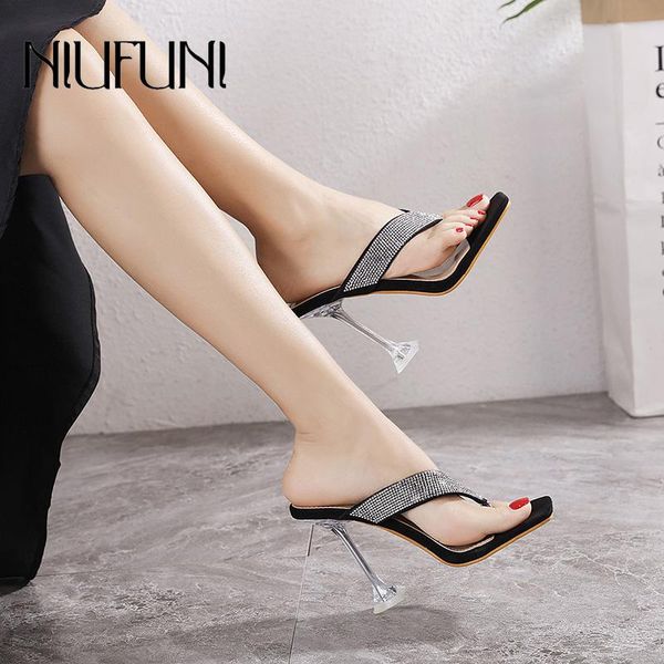 

slippers black square toes ladies sandals crystal high-heeled rhinestone flip-flops stiletto women's shoes one-step