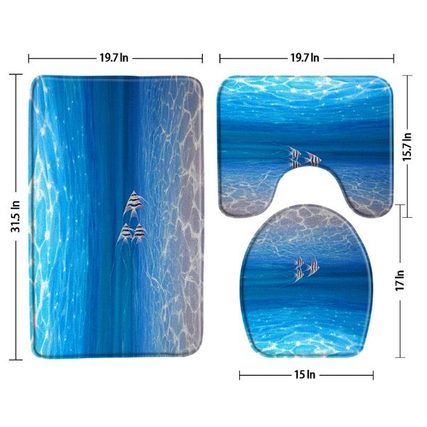 

bath mats blue ocean sea water bathroom rug 3-piece set seabed animal fish non-slip flannel u-shaped pad toilet decor sets