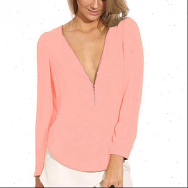 

women shirt fashion spring autumn zipper chiffon blouse v neck long sleeve ladies casual solid shirts plus size s, White