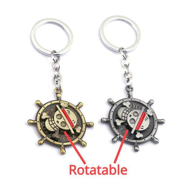 

japan anime one piece monkey d luffy straw hat skull rudder logo emblem rotatable alloy keychain key chains keyring accessories, Silver