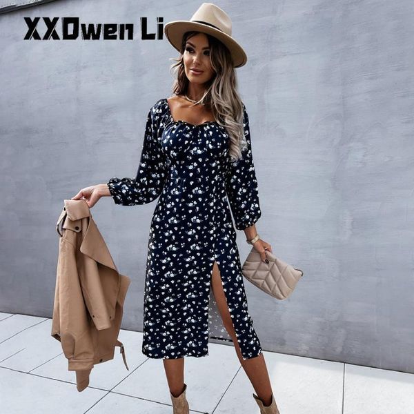 

casual dresses women square collar printed tube slit dress autumn long sleeve draw string office ladies slash neck party, Black;gray