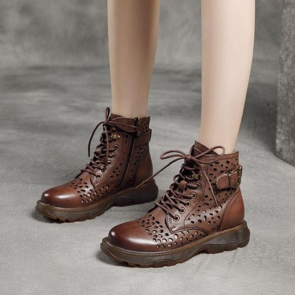 

sandals spring summer genuine leather motorcycle boots platform hollow women's with first layer cowhide ankle woman, Black