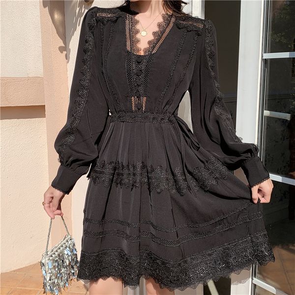 

2021 new autumn women lace fashion long sleeve deep v-neck backless vintage boho floral drawstring party mini dress hj6i, Black;gray