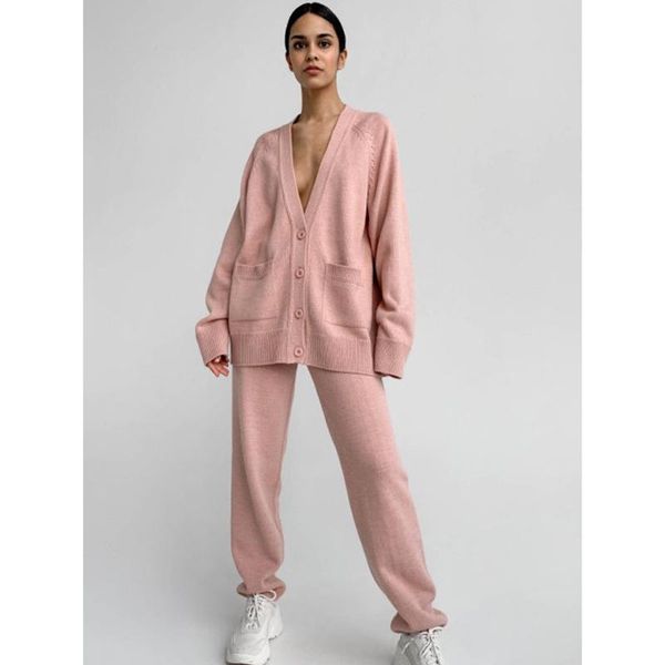 

women's two piece pants casual suit women v neck full sleeve loose cardigans with stright set spring autumn elegant knitwear female cx2, White