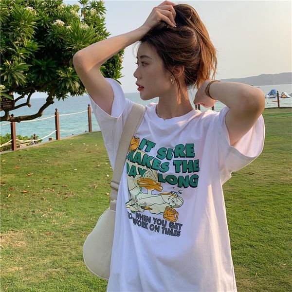 

women's t-shirt all-match harajuku style short-sleeved women 2021 loose korean trendy round neck printing, White