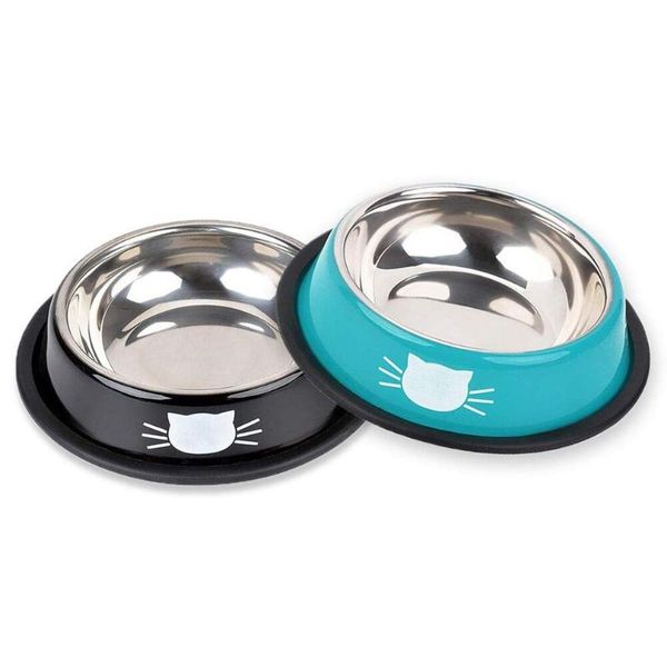 

cat bowls & feeders 2 pcs/set set non-slip stainless steel bowl water raised and drinking for pet