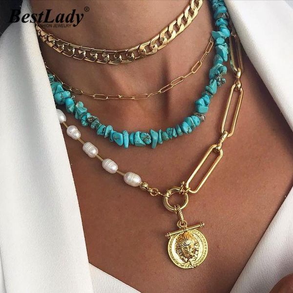 

lady metal layer stone link chain necklaces for women punk gold color pearls shell collar choker necklaces jewelry party, Silver