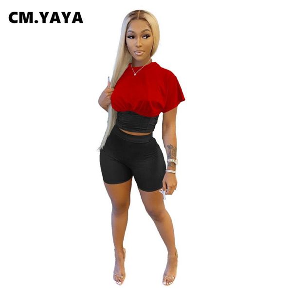 

women's tracksuits cm.yaya women set patchwork short sleeve crop mini stretchy shorts two 2 piece sets fashion outfit sporty tracksuit, Gray