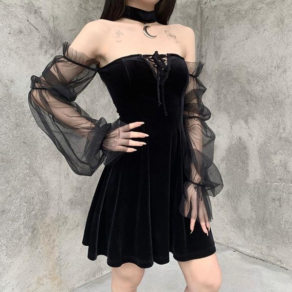 

casual dresses goth black velvet dress women lace up mesh long sleeve mini vestidos gothic punk high waist party club dark wind, Black;gray