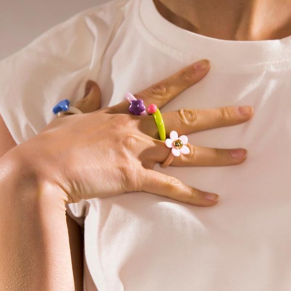 

wedding rings 2021 korean colorful geometric acrylic resin round circle for women cute flower butterfly star shape fashion jewelry, Slivery;golden