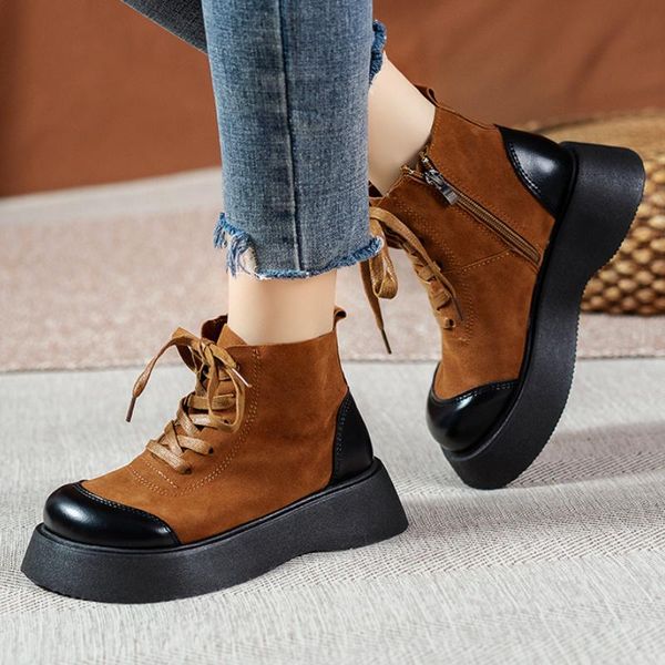 

boots autumn winter women platform shoes retro fashion round toe casual ankle booties heighten shoe 2021, Black