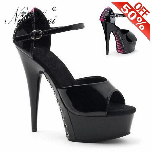 

dress shoes 15cm high heeled thick platform lace up mixed colors sandals big size 6 inches nightclub pole dancing gothic buckle strap, Black
