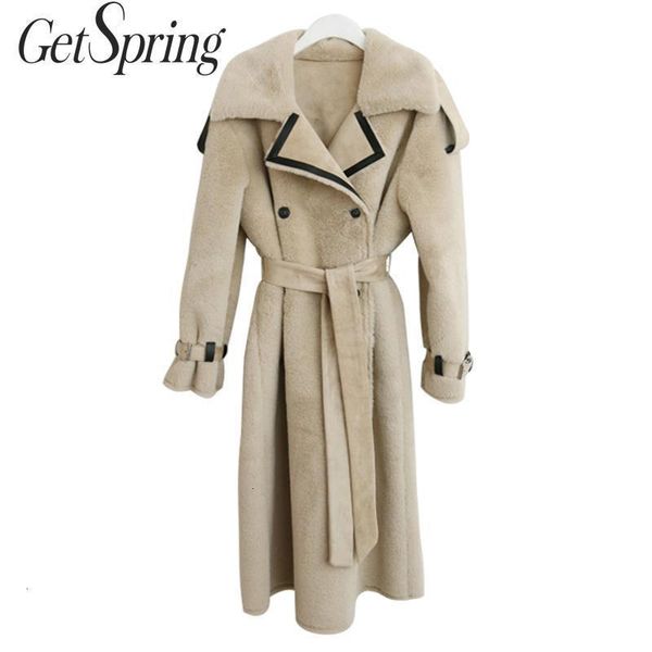

getspring women coat winter long sleeve double breasted lamb shearling coat temperament womens jacket winter long overcoat 2021 t200915, Black