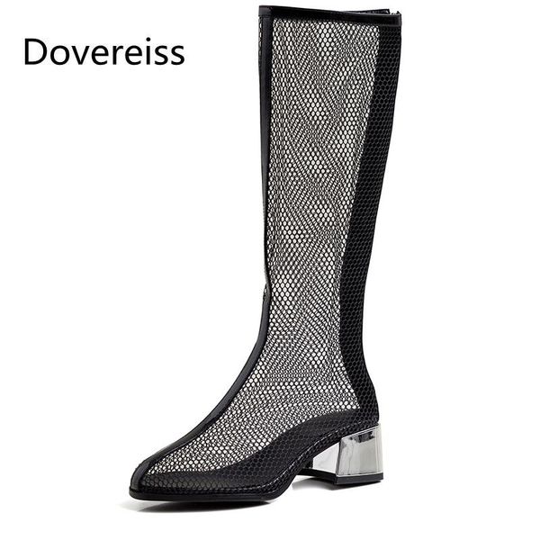 

boots dovereiss fashion women's shoes round toe elegant back zipper concise block heels mesh mature knee high 43, Black