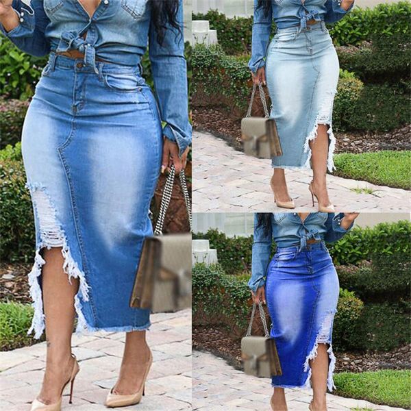 

skirts women trendy retro washed irregular fashion high waist ripped split denim distressed jeans elastic bodycon long skirt, Black