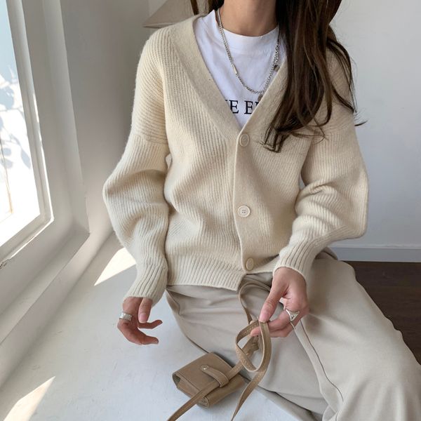 

autumn 2021 ol all match gentle solid knitted chic sweaters new loose v-neck elegance cardigans thicken warm clothe pd6z, White;black
