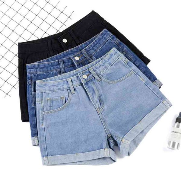 AILEGOGO Summer Women Wide Leg Classic High Wiist Black Denim Shorts Casual Female Solido Colore Solido bianco Blu Selmo 210621