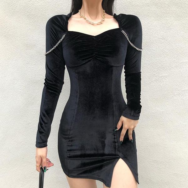 

casual dresses velvet black formal short wrap dress autumn split elegant party with chain winter long-sleeve 2021 square collar female, Black;gray
