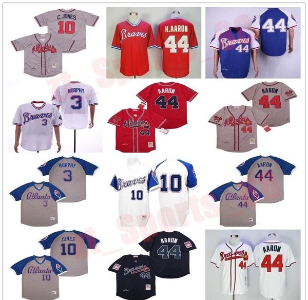 

men women kids vintage baseball jerseys atlanta 44 hank aaron h.aaron 3 dale murphy 10 chipper jones 1957 1963 1973 1974 1982, Blue;black