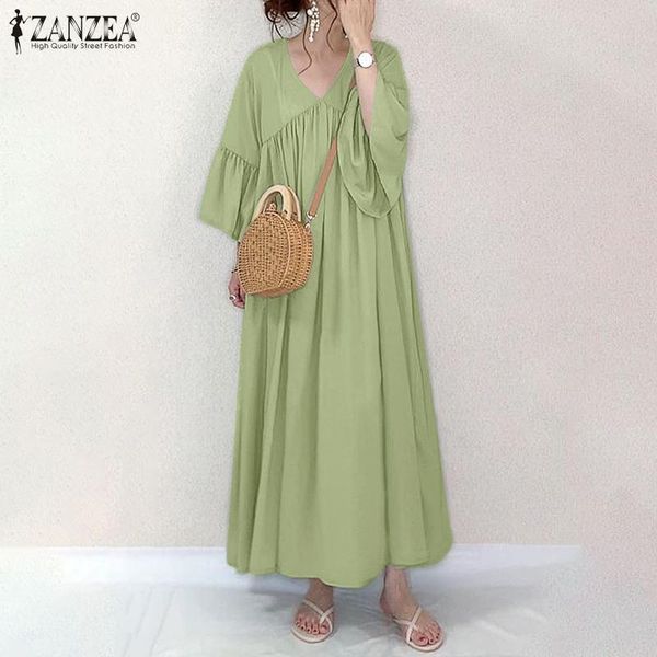 

casual dresses elegant solid maxi dress women's summer sundress zanzea 2021 flare sleeve vestidos female v neck beach robe, Black;gray