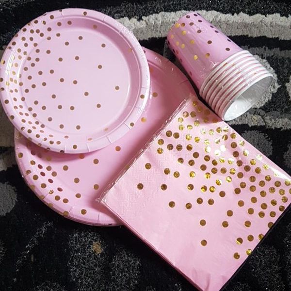

disposable dinnerware cup plate set gold stamping birthday praty tableware pink kit wedding decorations treat girls baby shower