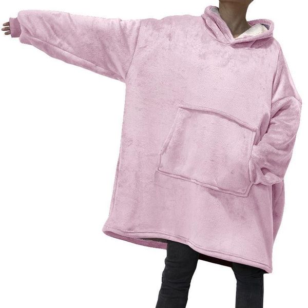 

winter oversized hoodies women fleece warm tv blanket with sleeves pocket flannel plush thick sherpa giant hoody long sweatshirt, Black