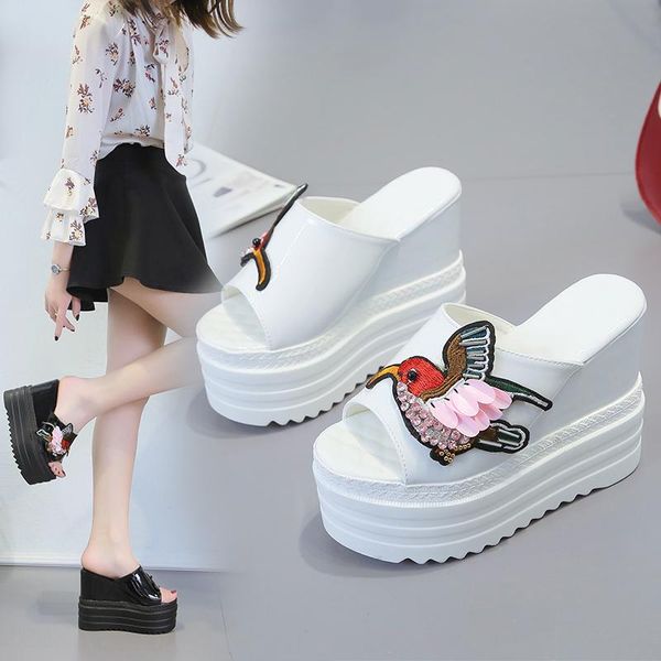 

slippers casual women's shoes with platform slides increased internal heeled mules on a wedge pantofle luxury soft high flat, Black