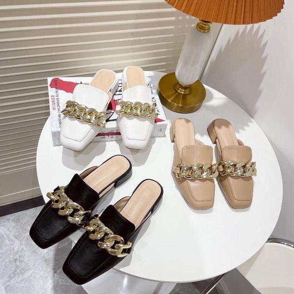 

slippers metal decorating mules women chunky heels fashion square toe shoes shallow slip on loafers casual zapatos de mujer, Black