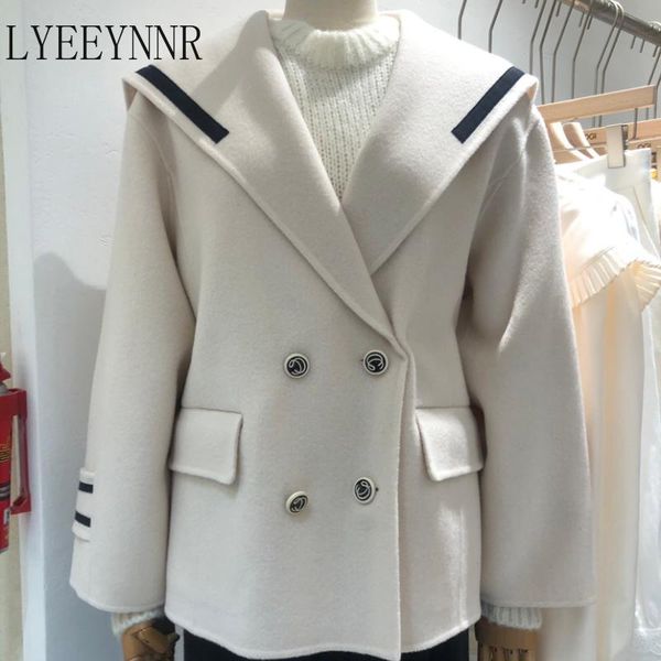 

women's wool & blends lyeeynnr korean style women turn down collar all-match double breasted long sleeve jackets contrast color elegant, Black