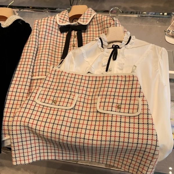 

2021 new korean fashion clothing autumn winter elegant bow wool jacket + mini skirt set pink/purple woolen two piece outfits 1tjx, Black