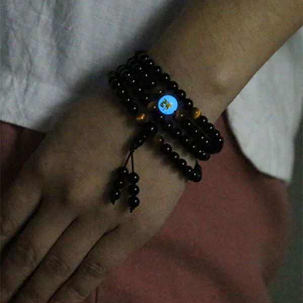 

natural obsidian luminous stone zodiac 108 buddha beads bracelet for lovers, Golden;silver