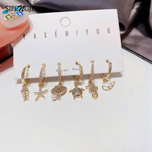 

hoop & huggie sipengjel fashion pearl shell fish dangle earrings set for women korean small jewelry 2021, Golden;silver