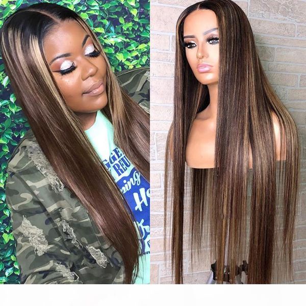 

13x4 highlight lace front human hair wig pre plucked ombre brazilian front lace wigs for women straight virgin remy hair, Black;brown