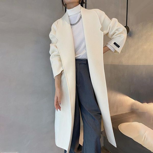 

women's wool & blends temperament high fashion solid color loose mid-length coat with belt women casual turn-down collar open front out, Black