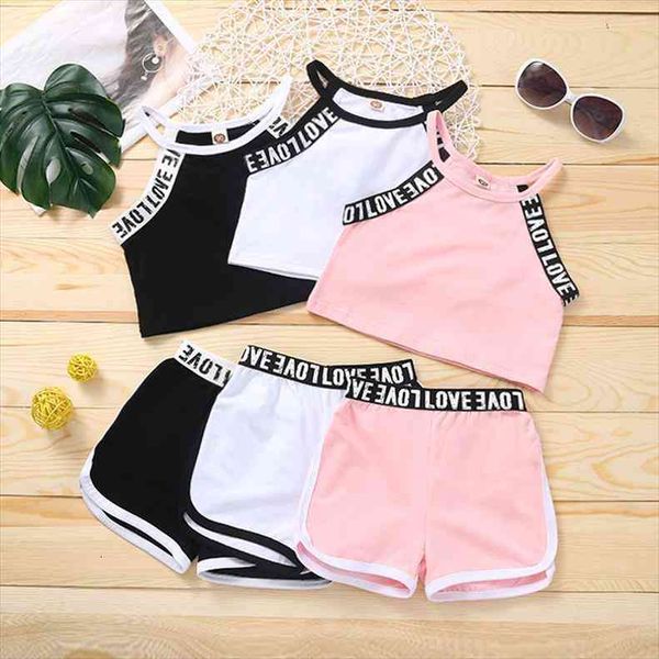 

1 6y summer causal kids girls clothes sets 2pcs letter sleeveless vest shorts 3 colors, White