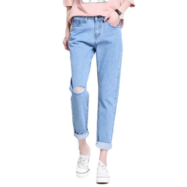 

spring summer boyfriend style loose denim high waist ninth jeans with hole on knee women thin pants feminino trousers, Blue
