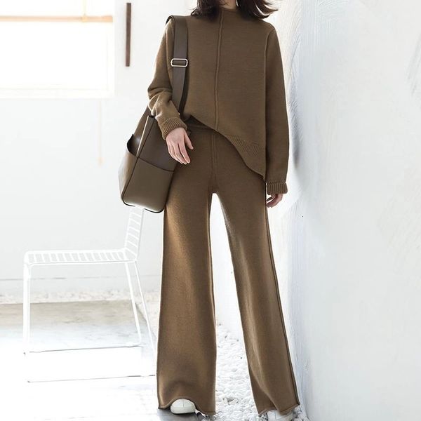 

women's two piece pants women oversize loose sweater pullover+high waist wide leg auas, White
