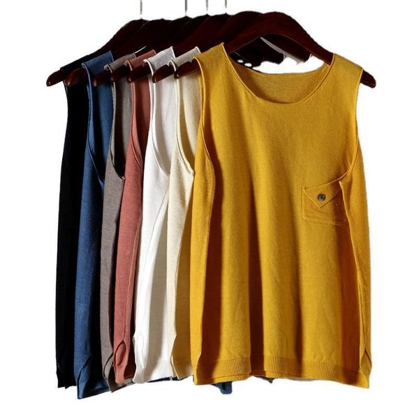 LEOSOXS Sommer Tank Tops Frauen Dünne Ärmel Tasche Lose Gestrickte Vintage Tees Wilde Weibliche 210225