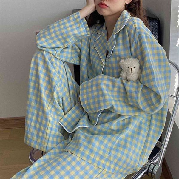 

spring pijama pajama set sleepwear womens pants plaid homewear suit with pocket long sleeve button pyjama, White