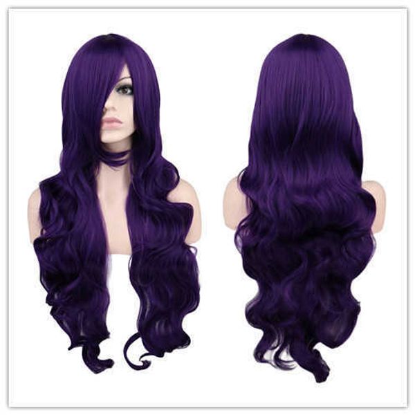 

purple 80cm curly hair changeable sakura zicheng cosplay high temperature silk wig, Black