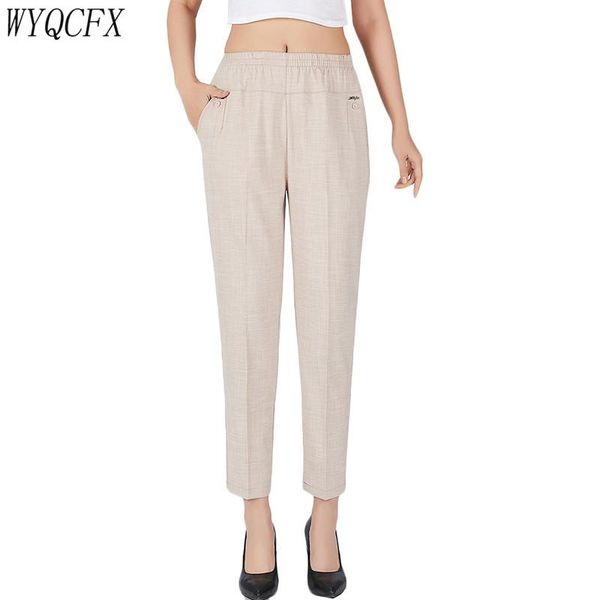 

women's pants & capris middle-age elastic waister straight trousers women spring summer cotton linen casual ankle-length bottoms plus s, Black;white