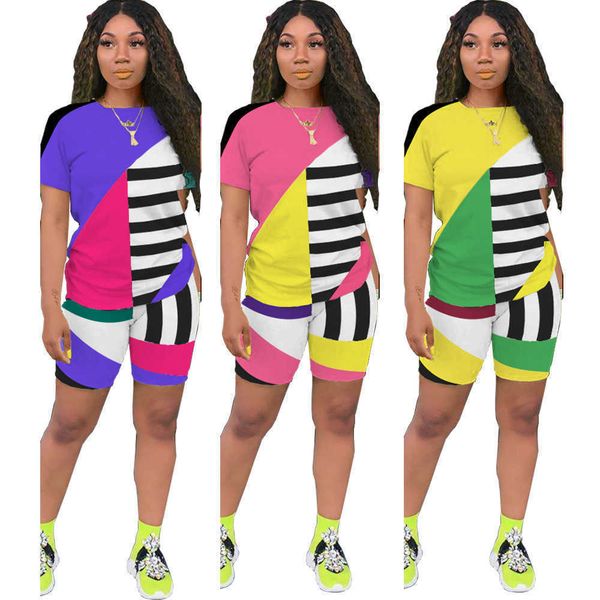 2022 Donne 2 Pezzi Set Tuta Designer Fashion Stripe Stampato Contrasto Colore Cuciture Pantaloncini Manica Pantaloni Caldi Estate Casual Tuta Da Jogging