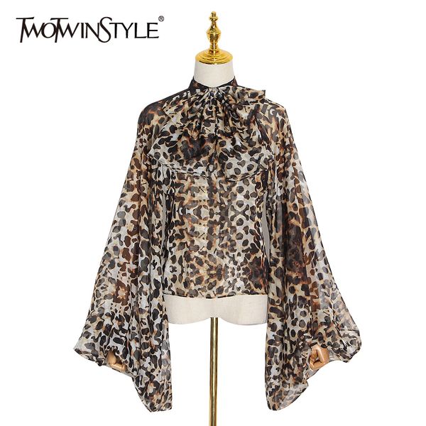 

twotwinstyle bowknot perspective shirt for women o neck lantern long sleeve chiffon blouse female spring fashion new 210225, White