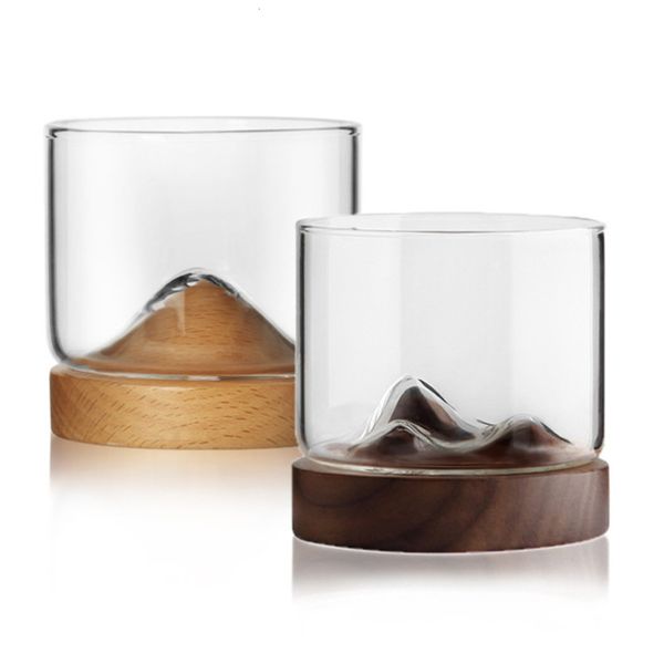 

transparent mountain whiskey glass with wooden base creative heat ristant beer glass wine water tea cup set bar drinkware
