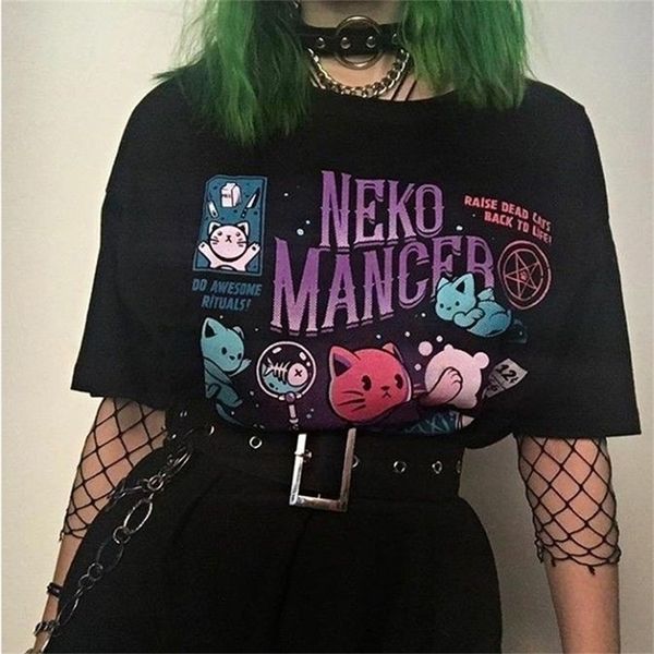 

neko mancer t-shirt cute aesthetic grunge black tee satantic gothic clothing witch shirt 210315, White