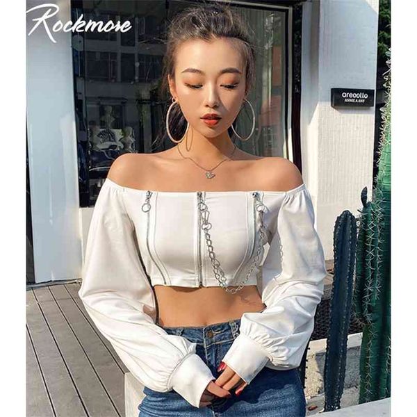 

rockmore double zipper chain tshirt women black gothic crop long puff sleeve square collar backless shirts casual t-shirt 210720, White