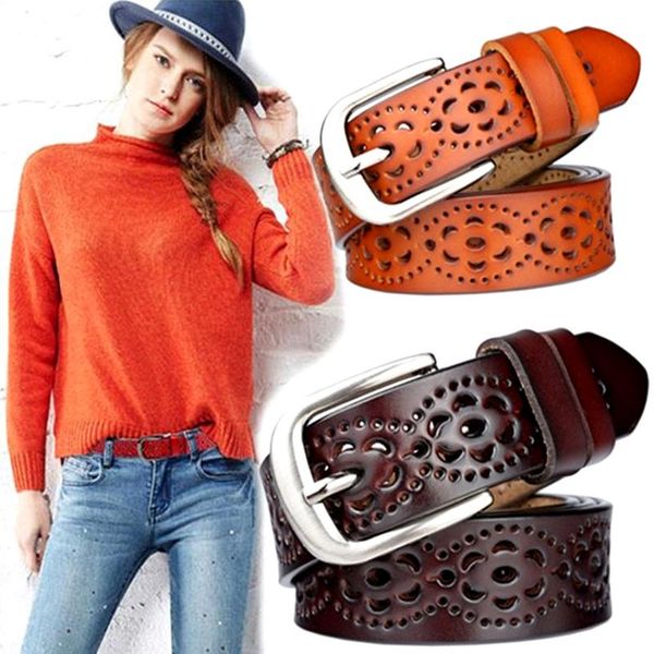 

jxqbsydk women belts fashion hollow pattern belts solid color leather, Black;brown