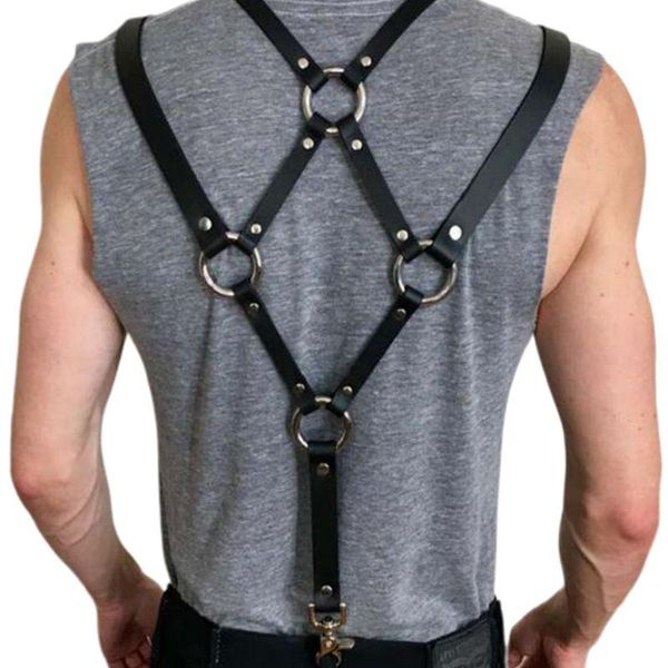 

men harajuku faux leather body chest harness suspenders punk shoulder strap r2le, Black;brown